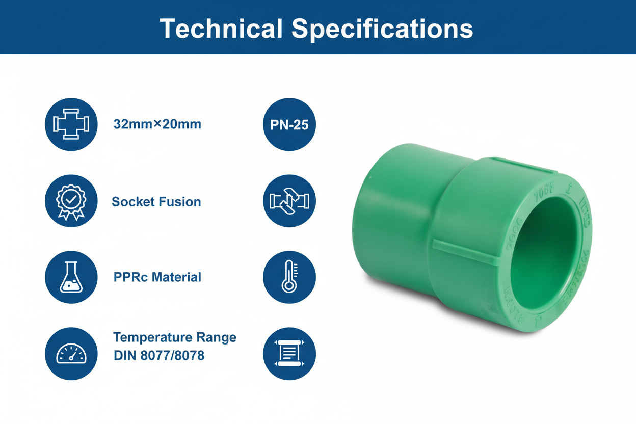 Technical specifications for reducing socket PPRc 32mm×20mm PN-25