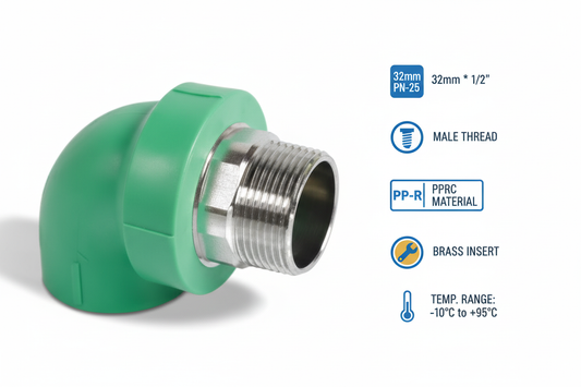 Elbow Male PPRC PN-25 32mm*1/2" Technical Specifications
