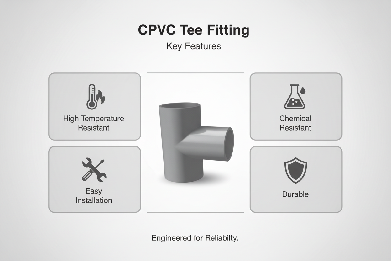 Gray CPVC Tee Features - High Temperature Resistant, Chemical Resistant, Easy Installation, Durable