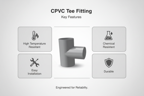 Gray CPVC Tee Features - High Temperature Resistant, Chemical Resistant, Easy Installation, Durable