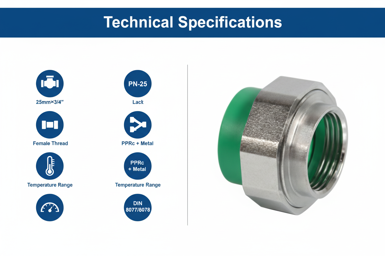 Technical specifications for union female adaptor PPRc 25mm×3/4" PN-25