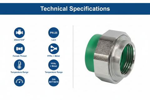 Technical specifications for union female adaptor PPRc 25mm×3/4" PN-25