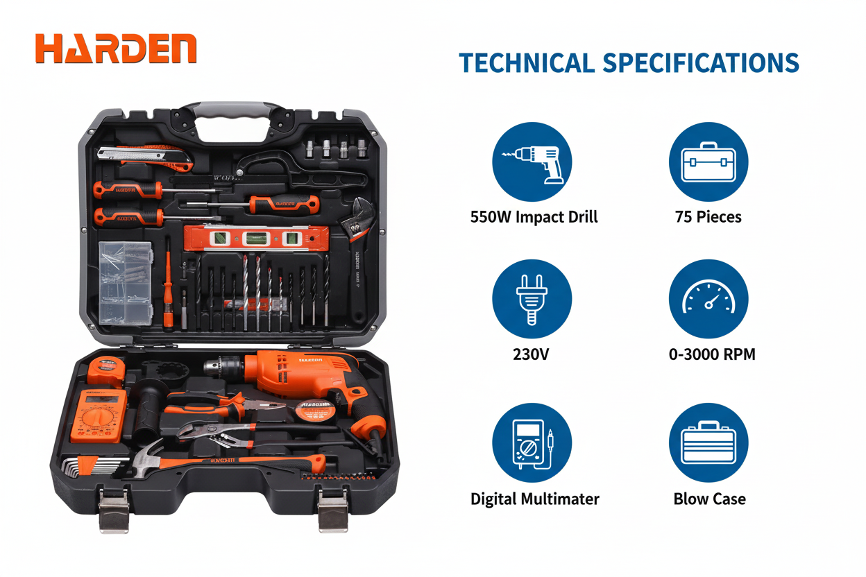 Harden 75pcs Technical Specifications - 550W Drill, 75 Pieces, Digital Multimeter