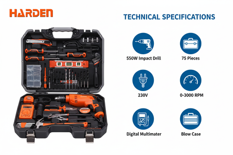 Harden 75pcs Technical Specifications - 550W Drill, 75 Pieces, Digital Multimeter