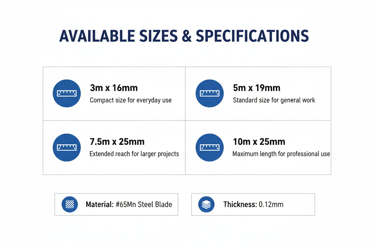 Available sizes - 3m x 16mm, 5m x 19mm, 7.5m x 25mm, 10m x 25mm specifications