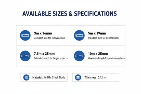 Available sizes - 3m x 16mm, 5m x 19mm, 7.5m x 25mm, 10m x 25mm specifications