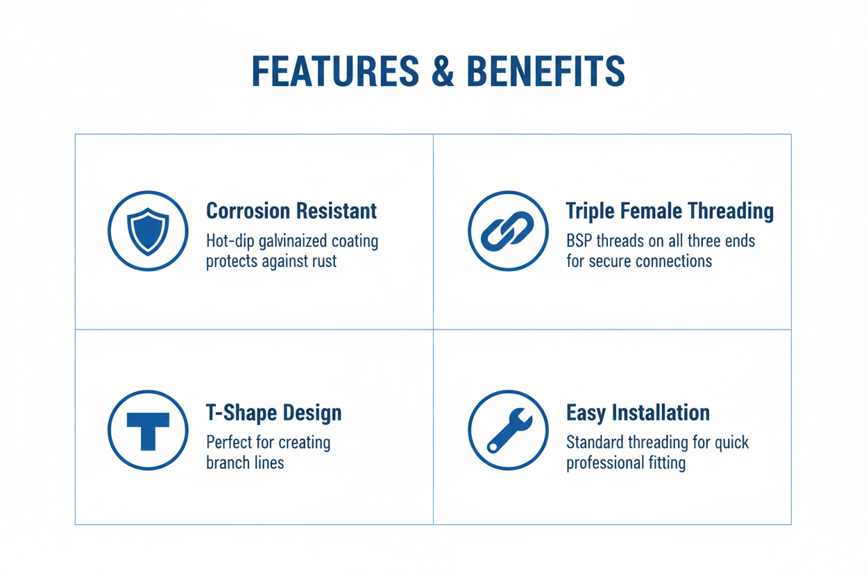 Features and benefits of G.I Fitting Tee - corrosion resistant, triple female threading, T-shape design, easy installation
