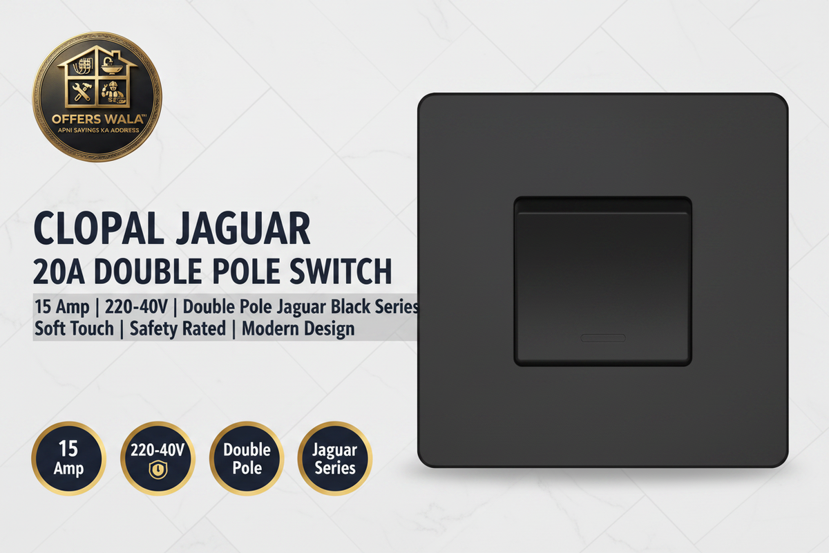 Clopal Jaguar Black 20A Double Pole Switch – Hero Banner A+ Image