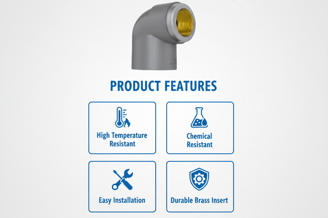 CPVC Brass Elbow Features - High Temperature Resistant, Chemical Resistant, Easy Installation, Durable