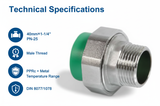 Technical specifications for union male adaptor PPRc 40mm×1-1/4" PN-25