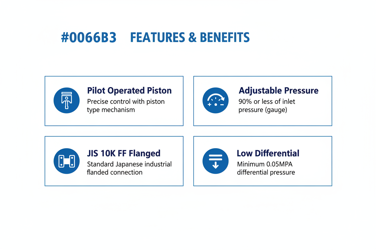 Features and benefits - pilot operated piston, adjustable pressure, JIS 10K FF flanged, low differential pressure