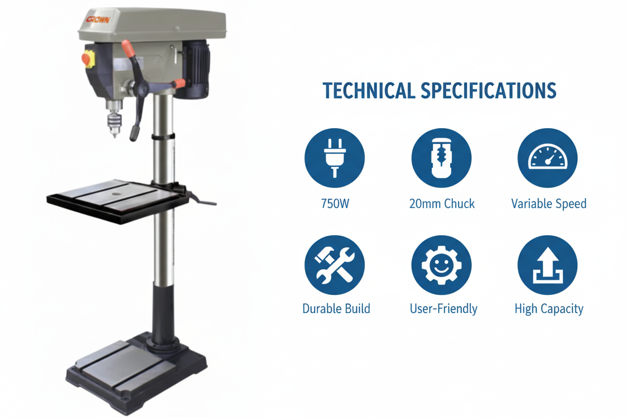 Crown CT32018 Technical Specifications - 750W Power, 20mm Capacity