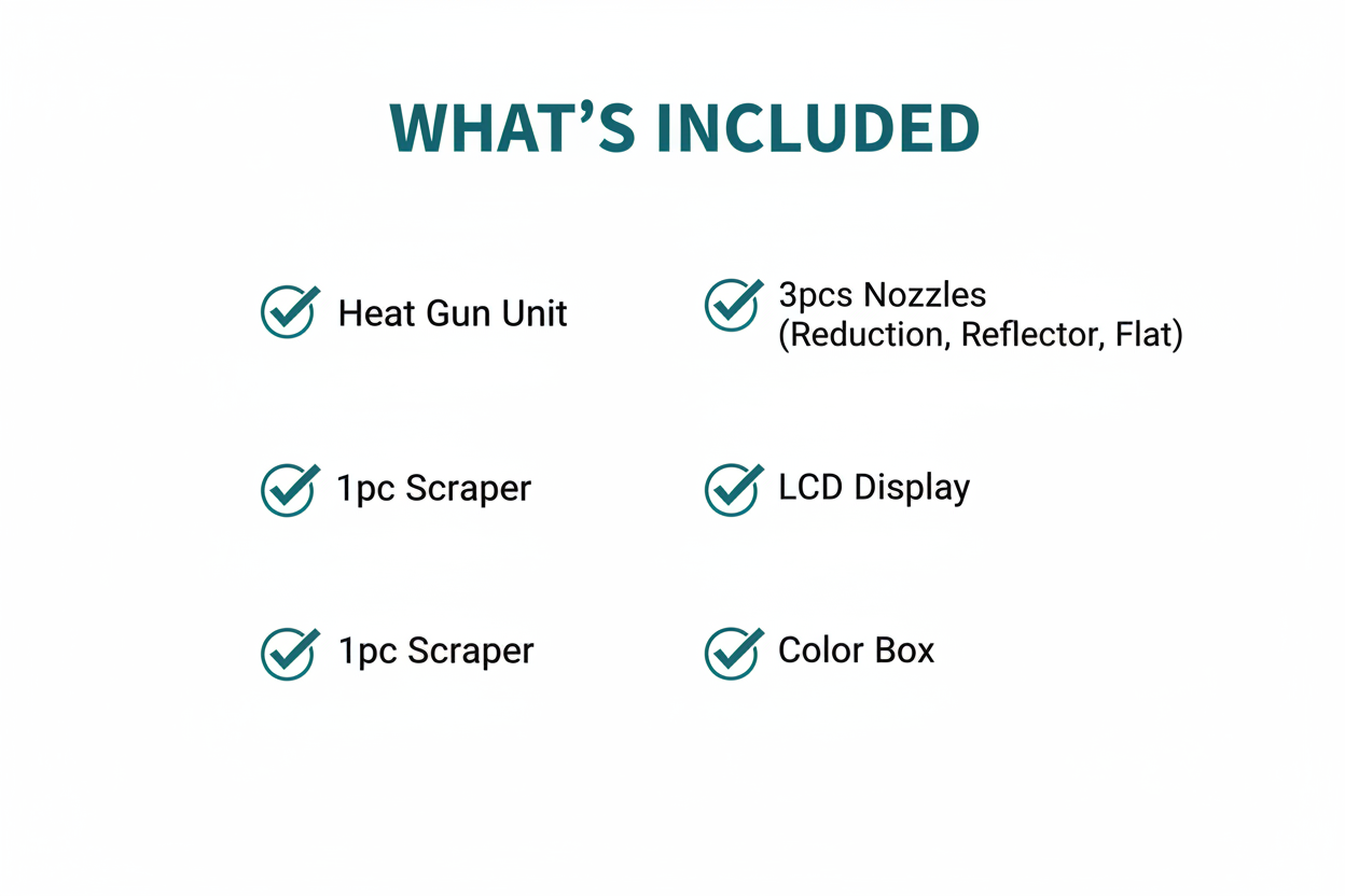 Ingco HG200058 Package Contents - Heat Gun, 3 Nozzles, Scraper, LCD Display