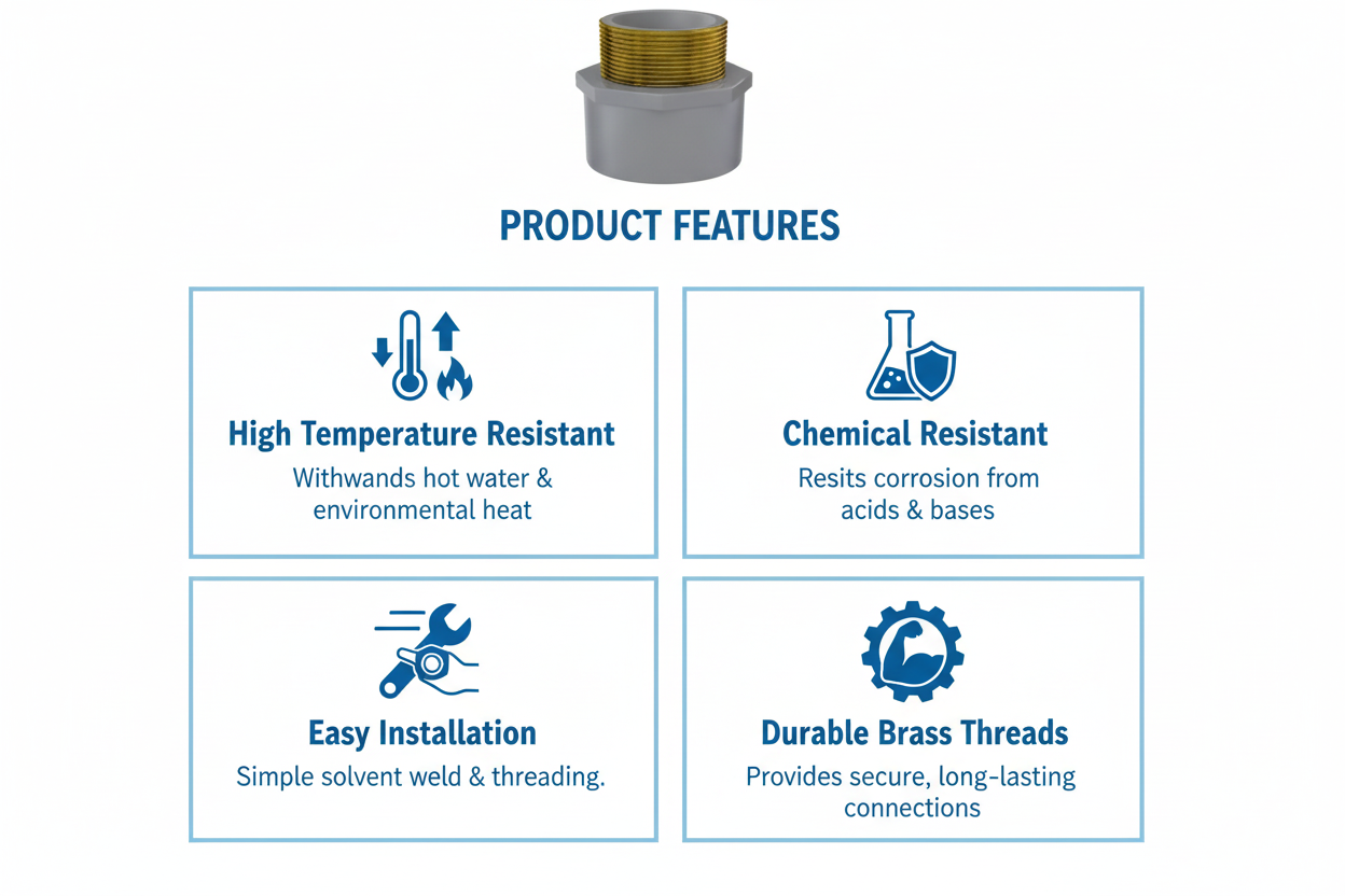 CPVC Brass Male Adapter Features - High Temperature Resistant, Chemical Resistant, Easy Installation, Durable