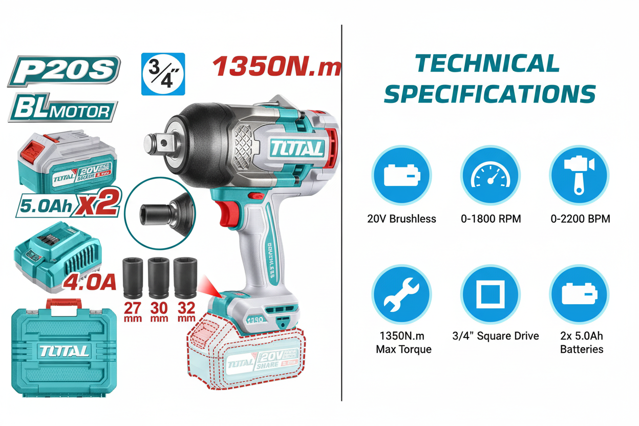 Total TIWLI20135 Technical Specifications - 20V Power, 1350N.m Torque, Brushless
