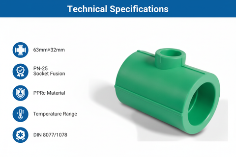 Technical specifications for reducing tee PPRc 63mm×32mm PN-25