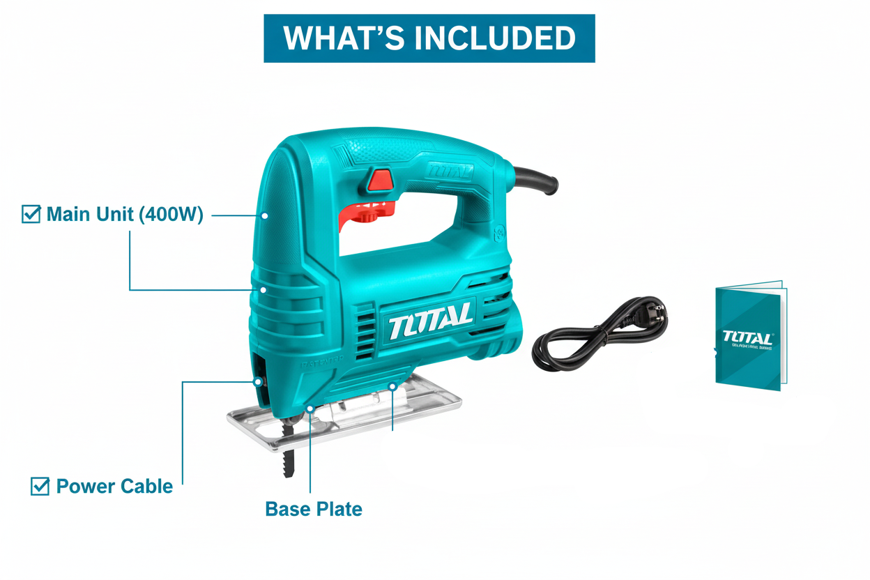 Total TS2045565 Package Contents - Jig Saw, Saw Blade, Base Plate