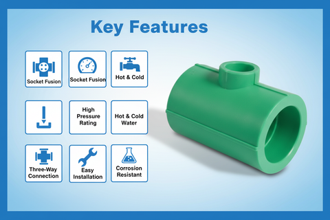 Features and benefits of PN-25 certified reducing tee PPRc fitting