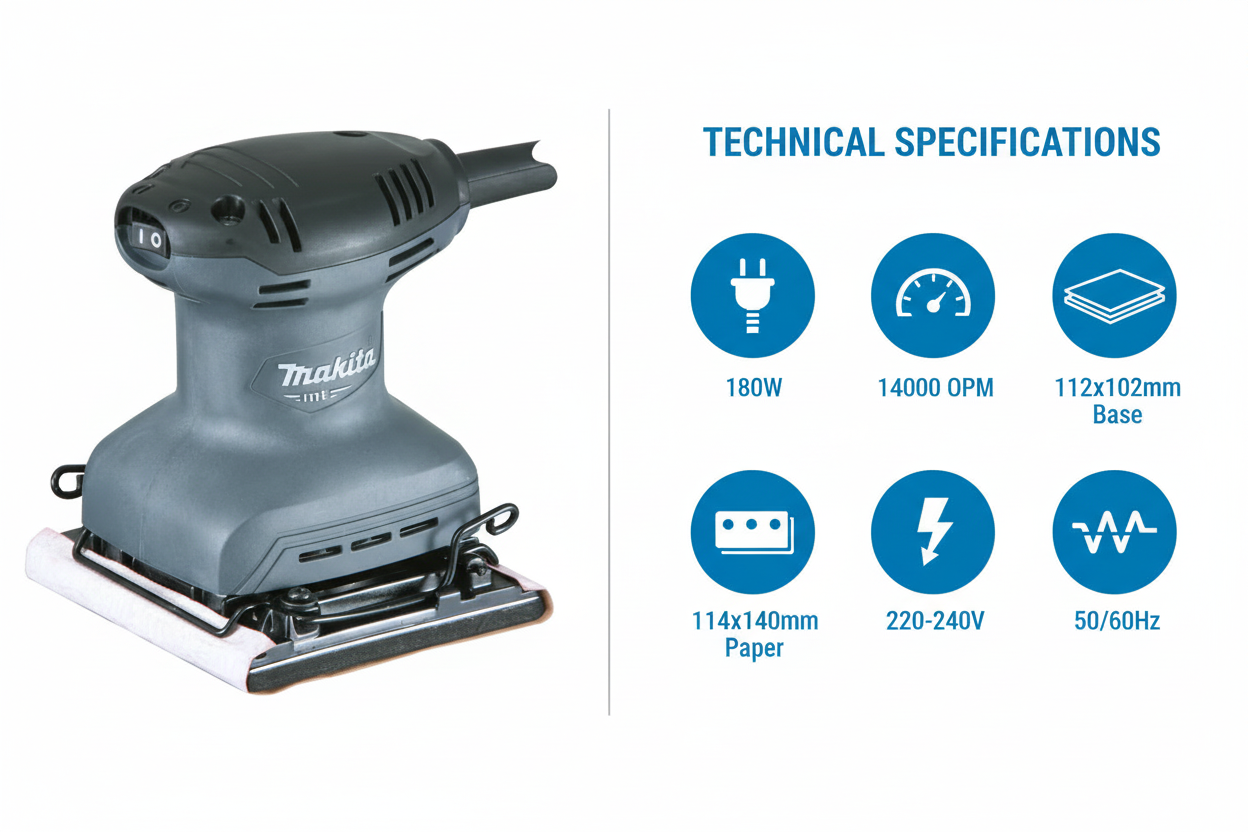 Makita M9200G Technical Specifications - 180W Power, 14000 OPM, 112x102mm Base