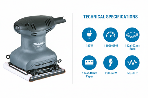 Makita M9200G Technical Specifications - 180W Power, 14000 OPM, 112x102mm Base