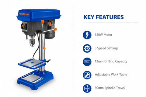 Wadfow WDP15350 Features & Benefits - Variable Speed, Adjustable Table, Spindle Travel