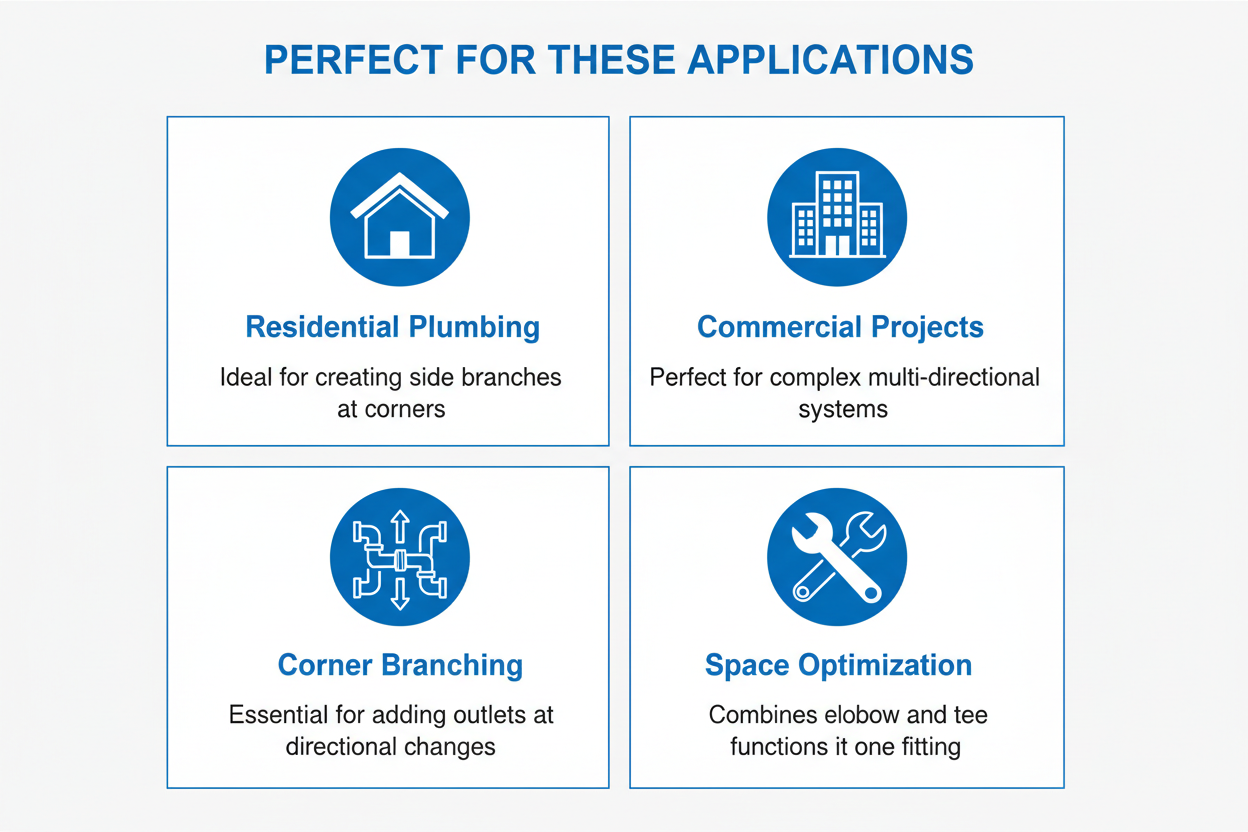 Applications for G.I Fitting Side Elbow - residential plumbing, commercial projects, corner branching, space optimization