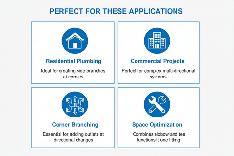 Applications for G.I Fitting Side Elbow - residential plumbing, commercial projects, corner branching, space optimization