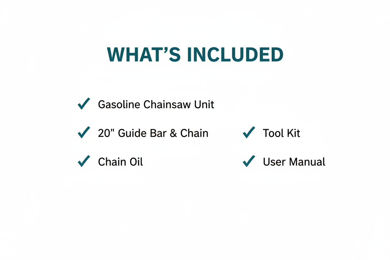 Dongcheng DYD54 Package Contents - Gasoline Chainsaw, Guide Bar, Chain Oil