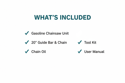 Dongcheng DYD54 Package Contents - Gasoline Chainsaw, Guide Bar, Chain Oil