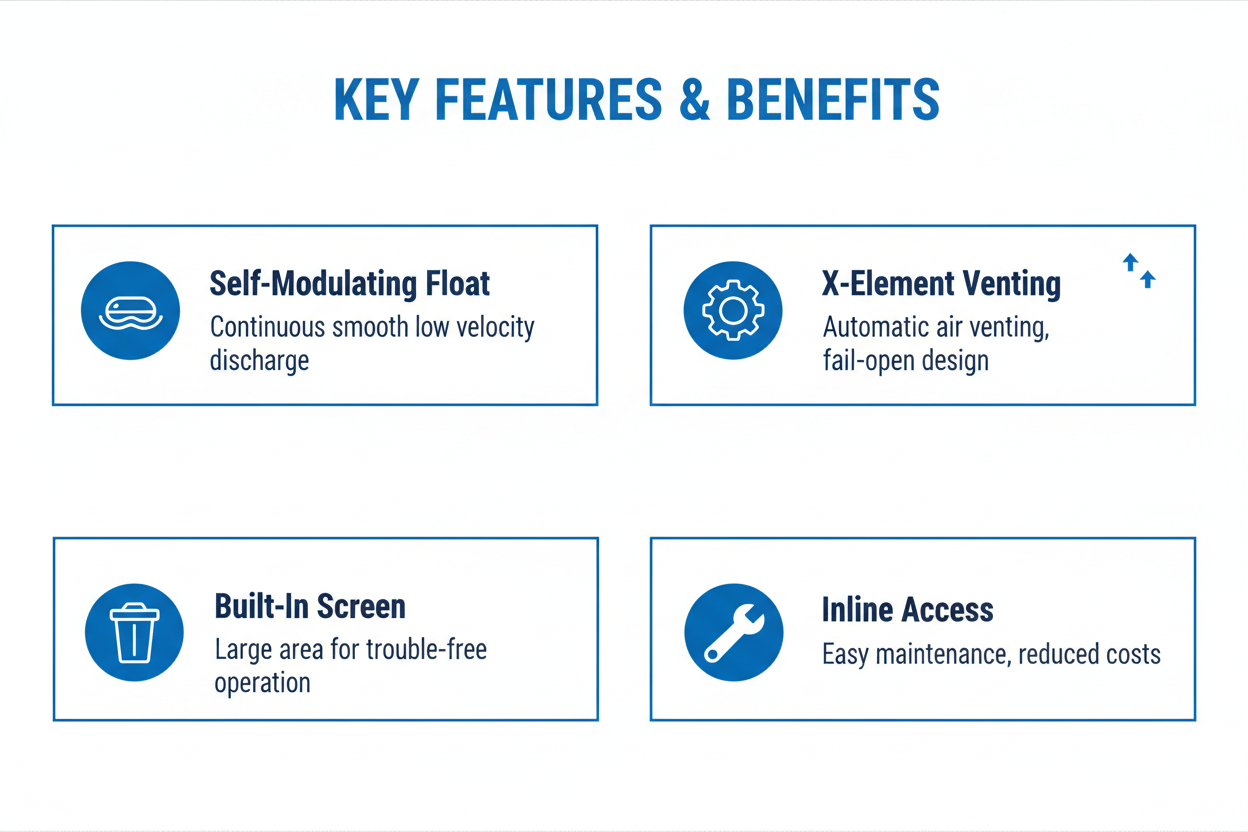 Features - self-modulating free float, single moving part, X-element air venting, built-in screen, inline access
