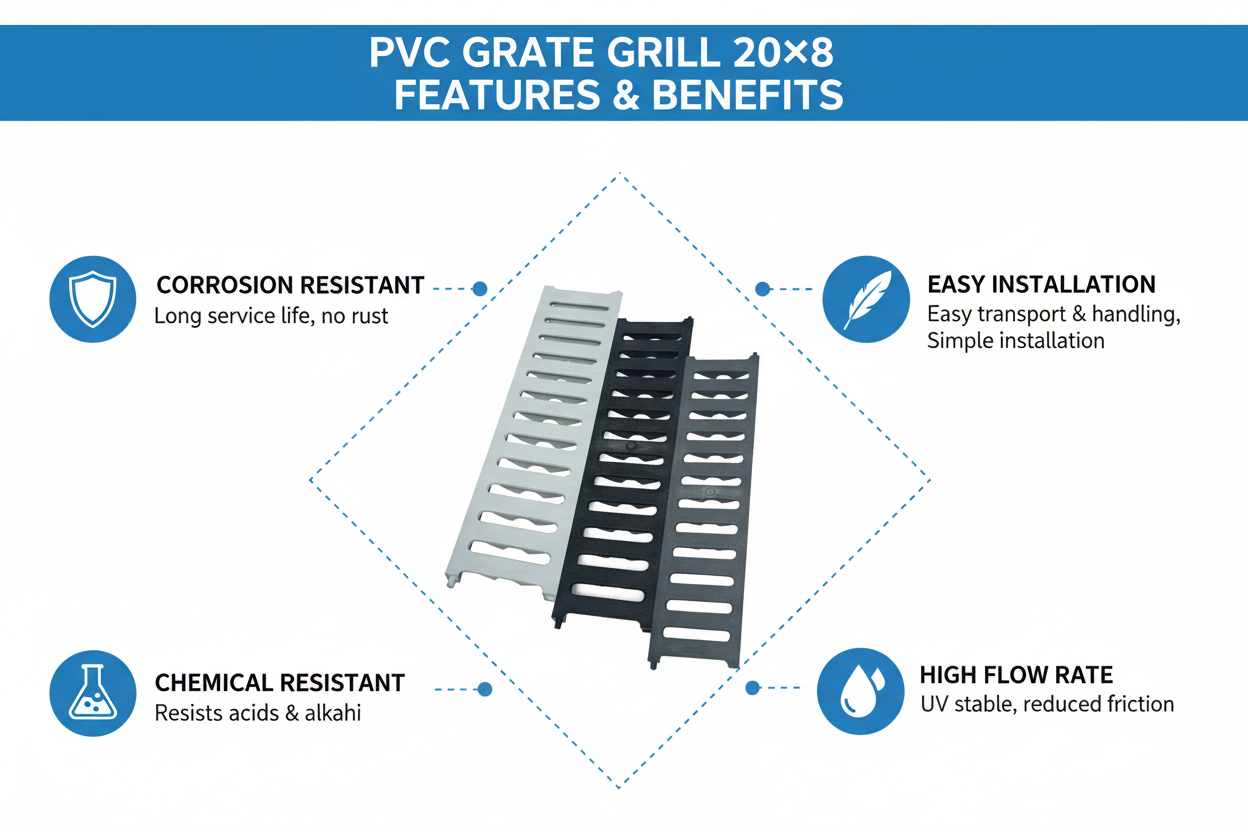 GRATE GRILL 20×8 Features & Benefits - Corrosion Resistant Easy Installation High Flow