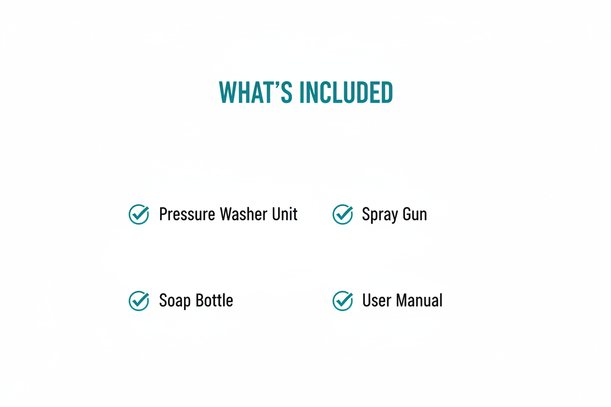 Ingco HPWR20008 Package Contents - Pressure Washer, Spray Gun, Hose, Soap Bottle
