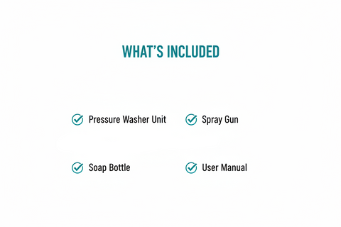 Ingco HPWR20008 Package Contents - Pressure Washer, Spray Gun, Hose, Soap Bottle