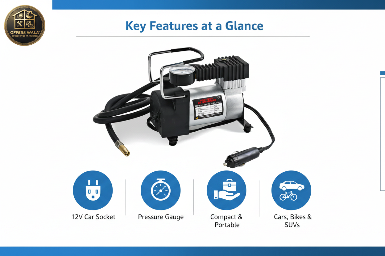 Maximus Air Compressor Key Features - 12V Tyre Inflator