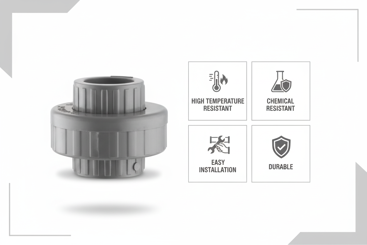 Gray CPVC Union Features - High Temperature Resistant, Chemical Resistant, Easy Installation, Durable
