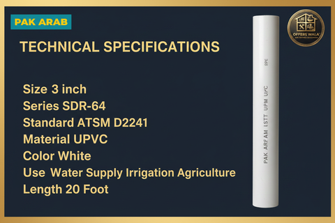 Pak Arab UPVC Pipe 3 inch SDR-64 White Technical Specifications