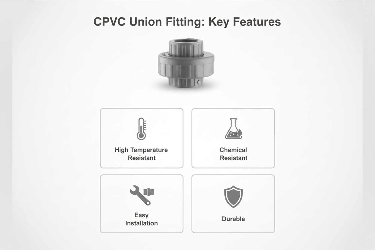 Gray CPVC Union Features - High Temperature Resistant, Chemical Resistant, Easy Installation, Durable