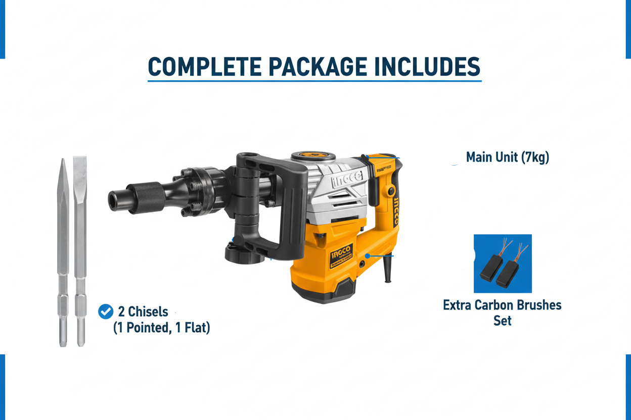 Ingco 1300W Complete Package - Breaker, 2 Chisels, Extra Carbon Brushes
