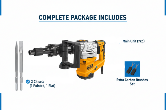 Ingco 1300W Complete Package - Breaker, 2 Chisels, Extra Carbon Brushes
