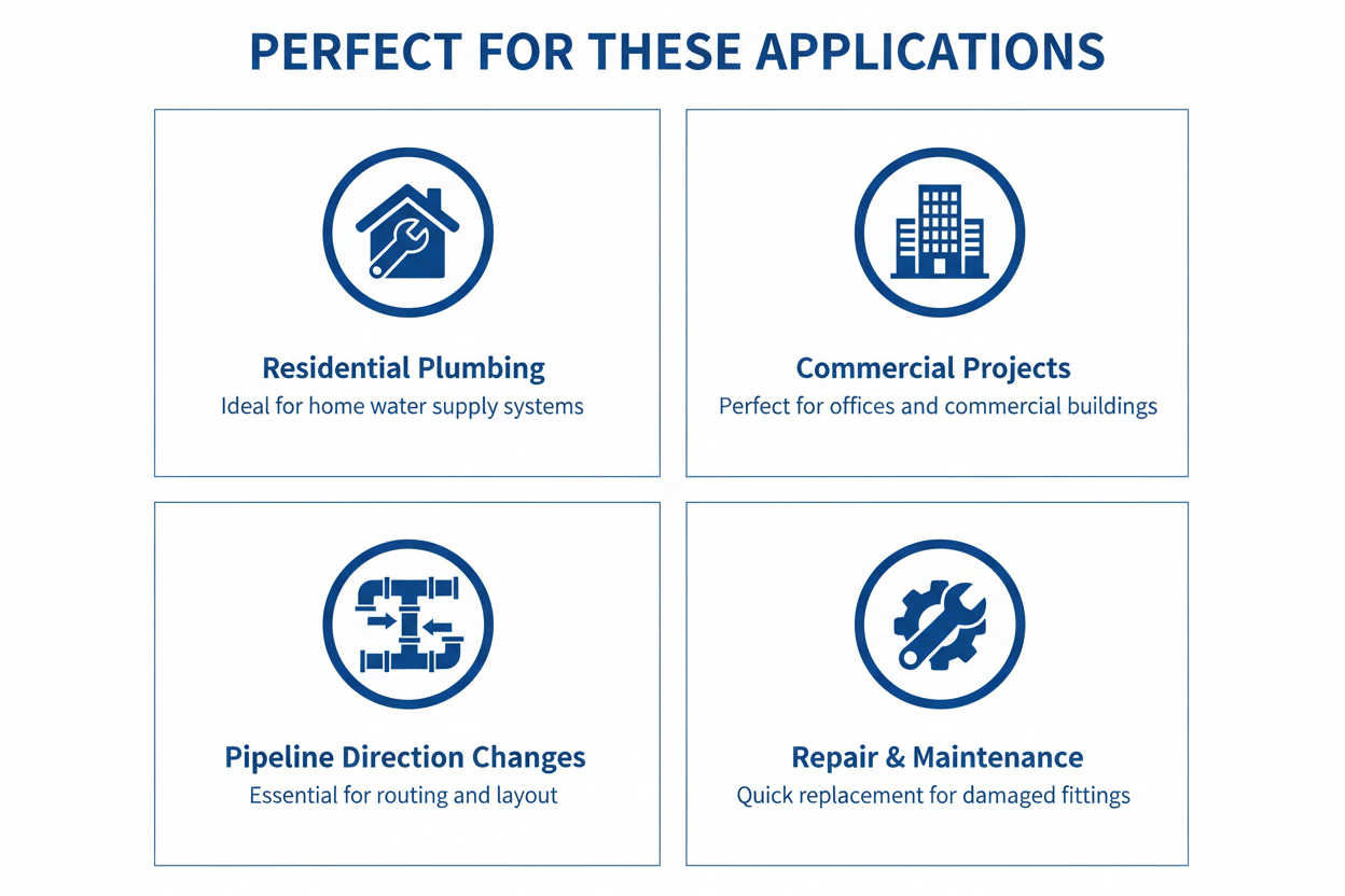 Applications for G.I Bend Fitting - residential plumbing, commercial projects, pipeline direction changes, repair and maintenance