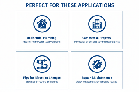 Applications for G.I Bend Fitting - residential plumbing, commercial projects, pipeline direction changes, repair and maintenance
