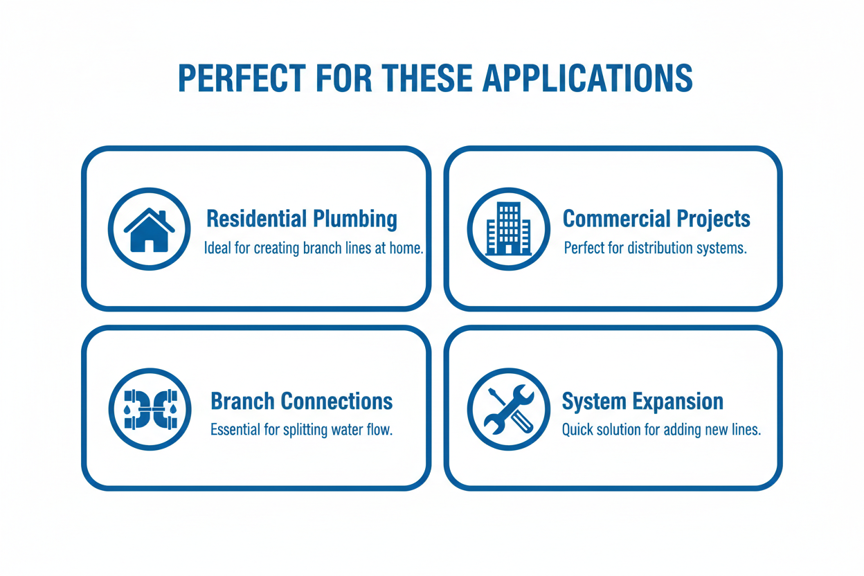 Applications for G.I Fitting Tee - residential plumbing, commercial projects, branch connections, system expansion
