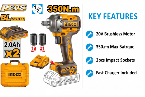 Ingco CIWLI2035 Features & Benefits - Brushless Motor, 2 Batteries, 350N.m