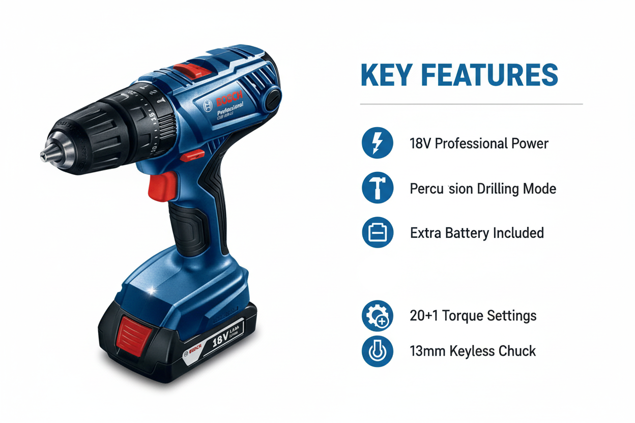 Bosch GSB180-LI Features & Benefits - Professional Power, Extra Battery, 20+1 Settings