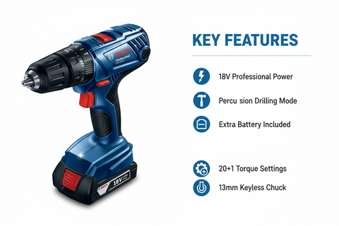 Bosch GSB180-LI Features & Benefits - Professional Power, Extra Battery, 20+1 Settings