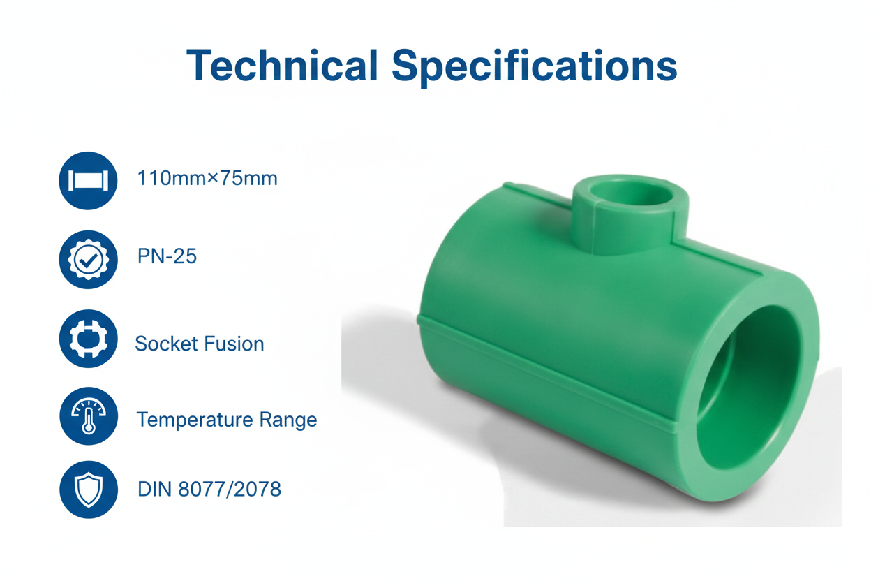 Technical specifications for reducing tee PPRc 110mm×75mm PN-25
