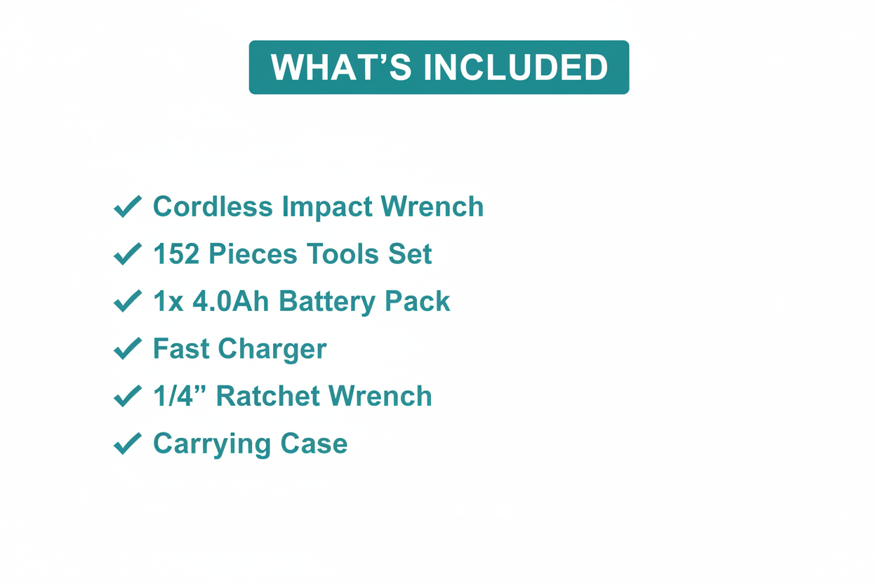 Ingco HKTHP31521 Package Contents - Impact Wrench, 152 Pieces, Battery