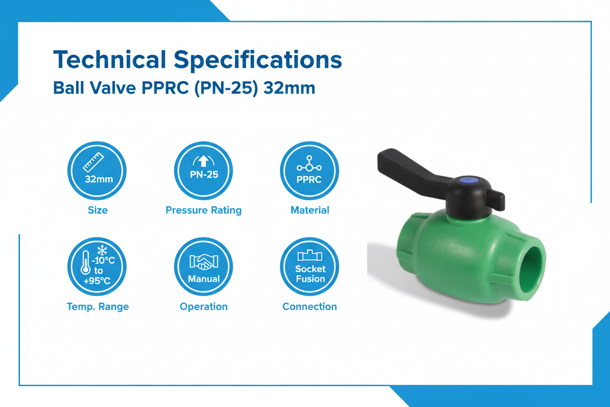 Ball Valve PPRC PN-25 32mm Technical Specifications