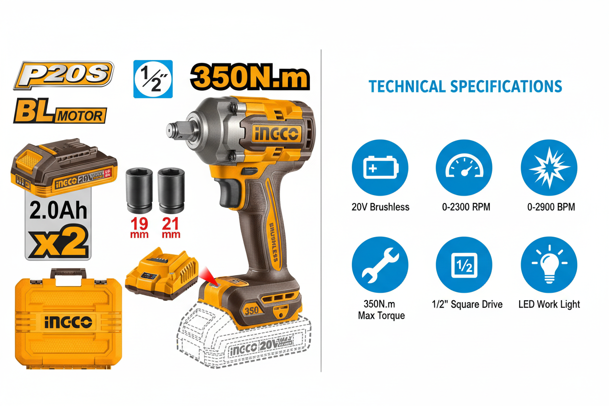 Ingco CIWLI2035 Technical Specifications - 20V Power, 350N.m Torque, Brushless