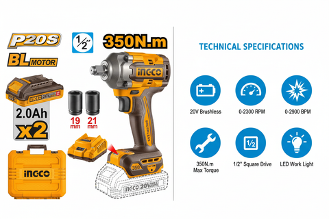 Ingco CIWLI2035 Technical Specifications - 20V Power, 350N.m Torque, Brushless